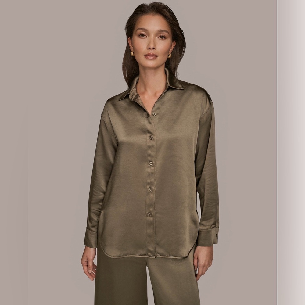 NWT Donna Karan Women's Satin Button-Down Shirt. MEDIUM. Khaki Green